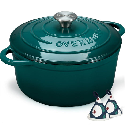 Overmont Enameled Cast Iron Dutch Oven - 4.5QT Pot with Lid Cookbook & Cotton Potholders - Heavy-Duty Cookware for Braising, Stews, Roasting, Bread Baking green